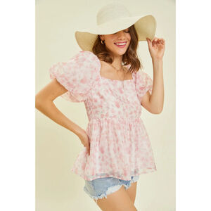 Heyson Top Women Small Pink Floral Puff Sleeve Fairycore Y2K 90s Babydoll Blouse